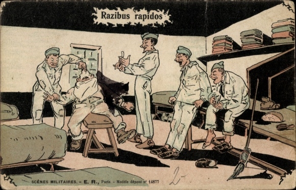 Artist Postcard Rezibus rapidos, soldiers, barracks, barber, shaving