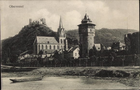 KP Oberwesel am Rhein, Liebfrauenkirche, Schönburg, rzeka, łódź