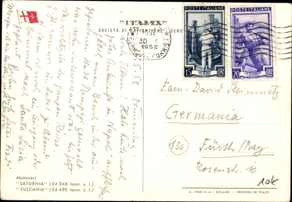 Postcard Steamer Saturnia, Vulcania, Italy Navigation Company