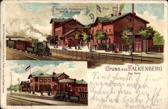 Chromo-Litho Falkenberg an der Elster, train station, track side, station restaurant