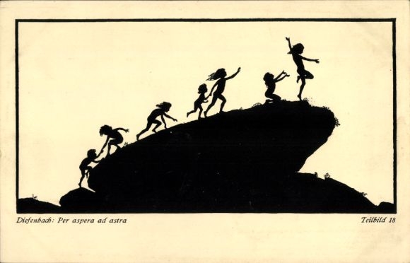 Paper cutting artist Postcard Diefenbach, Per aspera ad astra, part 18, children, rocks