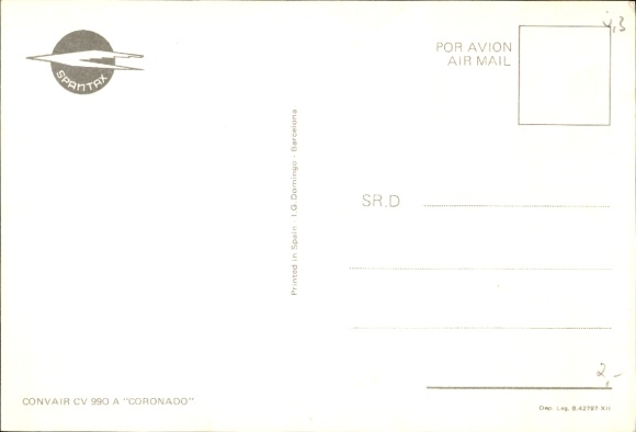 Postcard Spanish passenger aircraft of Spantax, Convair CV 990 A Coronado