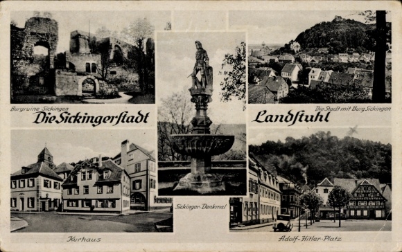 Ak Landstuhl in der Pfalz, Burgruine Sickingen, Kurhaus, Adolf Hitler Platz, Denkmal