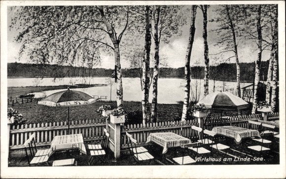 Postcard Linde in der Mark, tavern at Lindesee, lake view, sunshades, birch trees