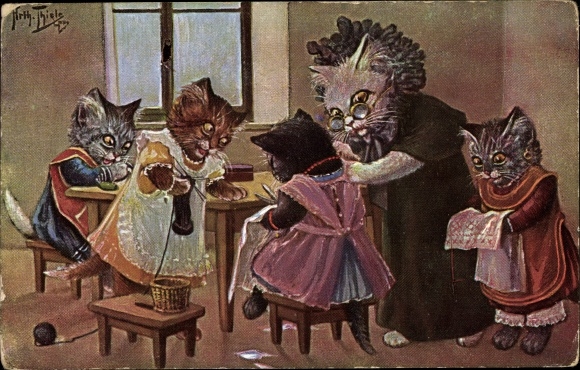 Artist Postcard Thiele, Arthur, humanized cats, sew, knit, embroider, grandmother