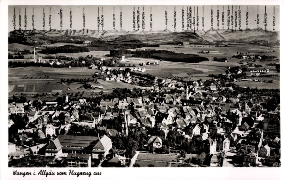 Postcard Wangen im Allgäu, aerial view of Wangen i. Allgäu, beautiful landscape, buildings and mountains in the H