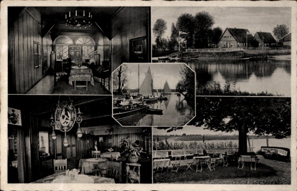 Ak Beidenfleth in Schleswig Holstein, Fährhaus, Innenansicht, Terrasse, Anlegestelle, Hakenkreuz