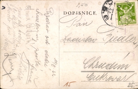Postcard Man kneeling before a saint, angel