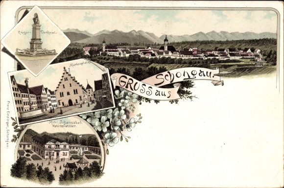 Litho Schongau in Oberbayern, Marienplatz, Kriegerdenkmal, Hotel Johannisbad Naturheilanstalt