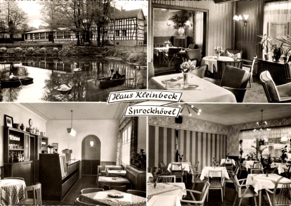 Postcard Sprockhövel in the Ruhr area, Haus Kleinbeck, half-timbered house, exterior view, boats, swan, guest room