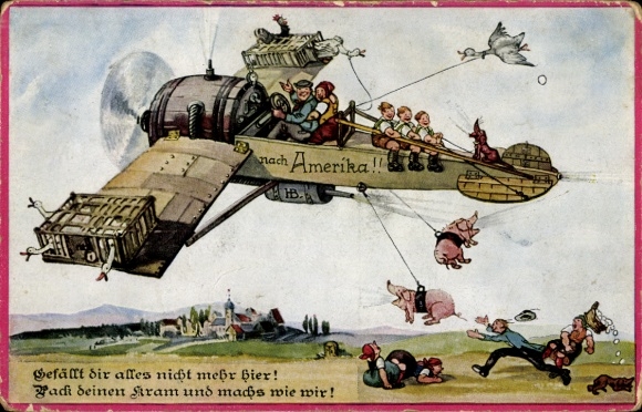 Ak Gefällt dir alles nicht mehr hier, Flugzeug nach Amerika, Schweine