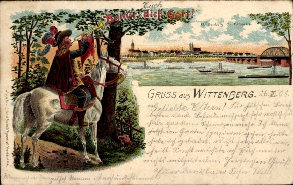 Chromo-Litho Lutherstadt Wittenberg, city on the Elbe, bridge, trumpeter on horseback