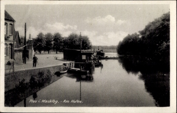 Postcard Plau am See Mecklenburg, Plau i. Mecklbg. At the harbor, harbor view, boats, clouds