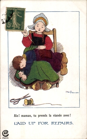 Artist Postcard Parkinson, Ethel, mother in traditional costume mending a boy's trousers