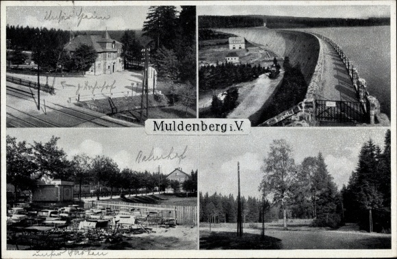 Postcard Muldenberg Grünbach in Vogtland Sachsen, Bahnhofshotel Weidlichhaus, railway barrier, dam