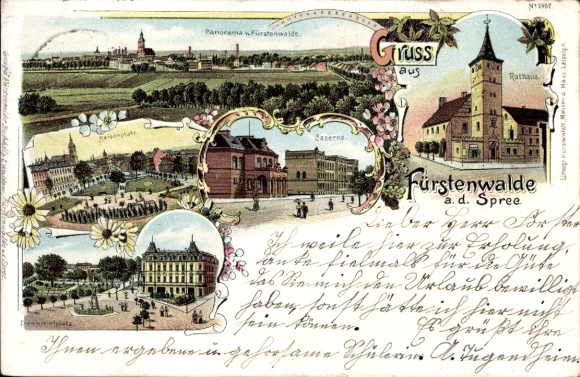 Postcard Fürstenwalde an der Spree, panorama of Fürstenwalde, town hall, barracks, floral ornament
