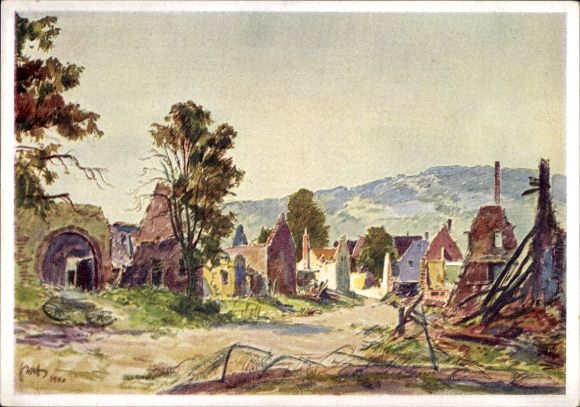 Artist Postcard Graf, Karl, Herbitzheim Gersheim Saarland, city view, ruins, war destruction 1940