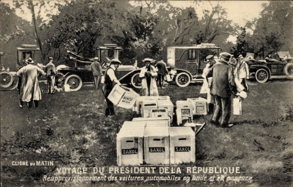 PC Voyage du President de la Republique, cars, petrol cans, advertising, saxol