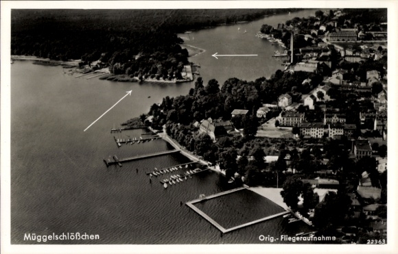 Ak Berlin Köpenick Friedrichshagen, Restaurant Müggelschlösschen, Fliegeraufnahme