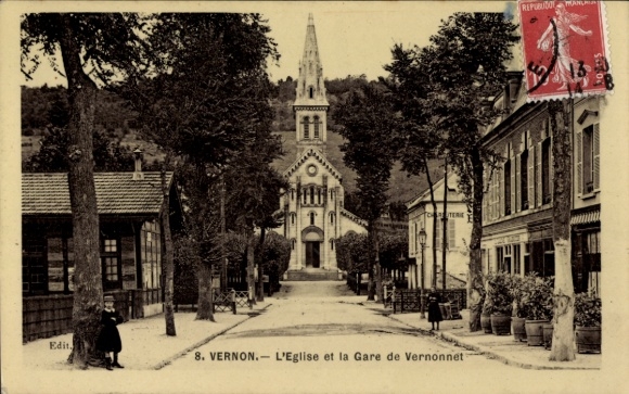 Ak Vernon Eure, L'Eglise, die Gare de Vernonnet, Bäume, 
