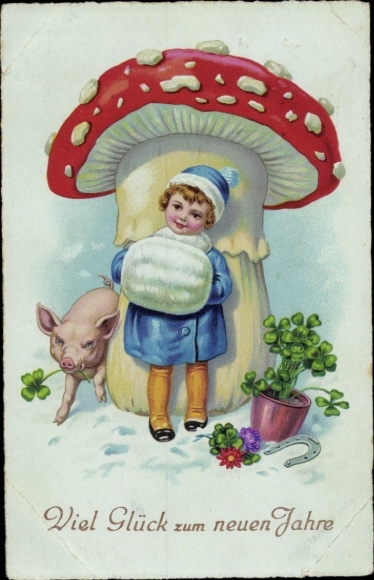 Postcard Happy New Year, fly agaric, girl, clover, pig