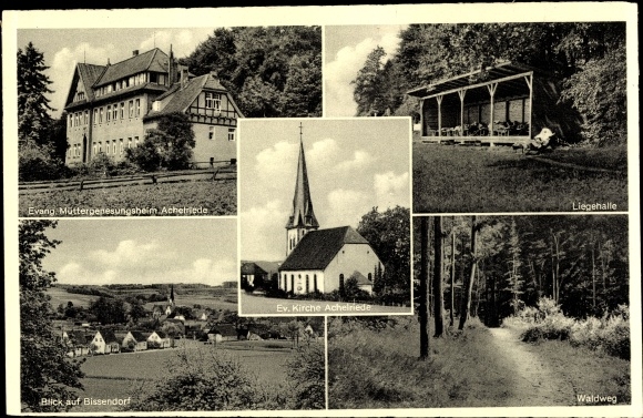 Postcard Achelriede Bissendorf in Lower Saxony, convalescent home for mothers, lying hall, forest path, church