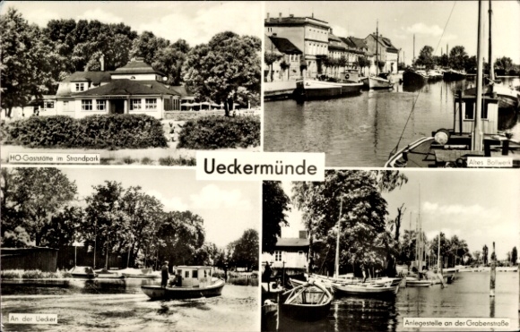 KP Ueckermünde na Pomorzu Zachodnim, park plażowy, Uecker, molo, stare budynki, łodzie