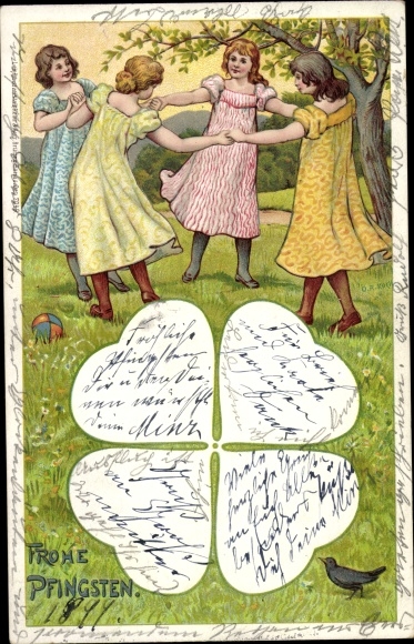 Artist Chromo-Litho Koch, OA, congratulations Pentecost, cloverleaf, row of rings, children playing