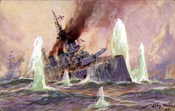 Artist Postcard Stöwer, Willy, Naval Battle in the North Sea, English Battlecruiser, 1915