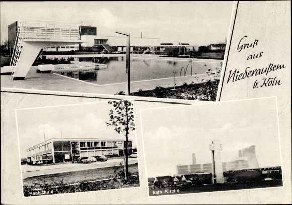 Postcard Niederaussem Bergheim in the Rhine Erft district, swimming pool, junior high school, cath. Church