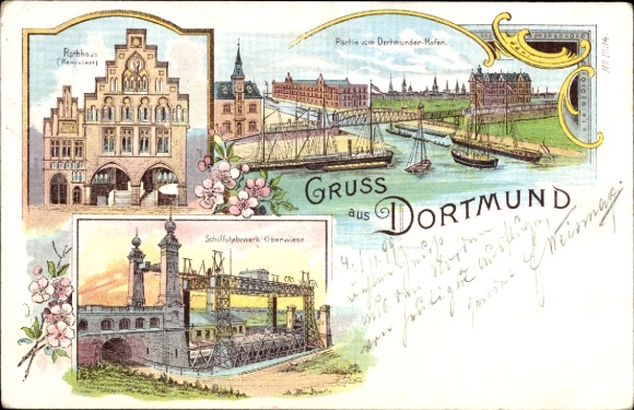 Litho Dortmund im Ruhrgebiet, Rathaus, Hafenpartie, Schiffshebewerk