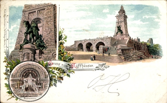 Litho Steinthaleben Kyffhäuserland in Thüringen, Kyffhäuser, Kaiser Wilhelm Denkmal, Barbarossa