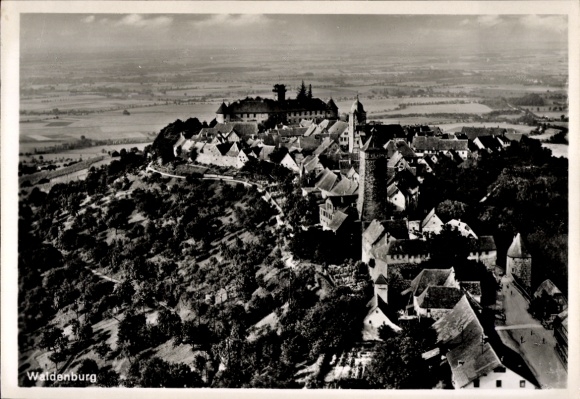 Postcard Waldenburg in Saxony, aerial view of castle and houses, landscape in the background