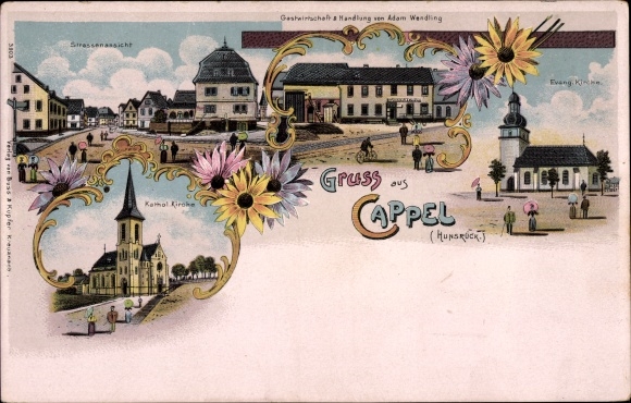 Chromo-Litho Cappel Kappel in the Hunsrück, Catholic church, inn