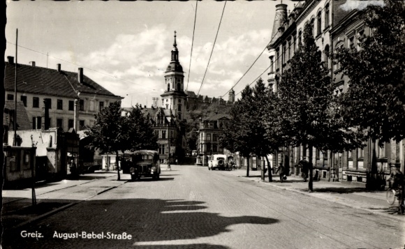 Postcard Greiz in the Vogtland region of Thuringia, city view, August-Bebel-Straße, buildings, traffic