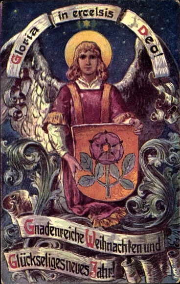 Artist Postcard Merry Christmas, Happy New Year, angel with coat of arms, Gloria in excelsis Deo