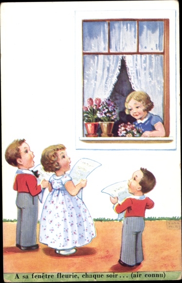 Artist Postcard Wills, John, girl at the window, singing children