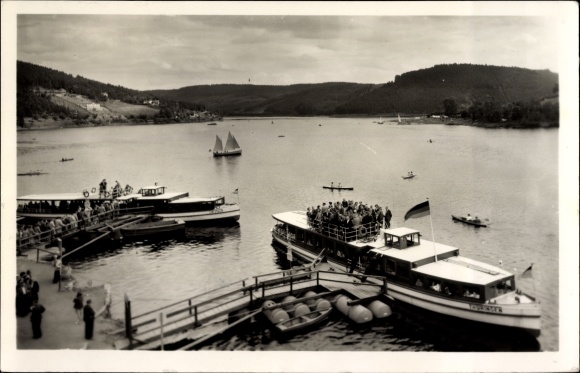 PC Saalburg Ebersdorf in Thuringia, Saalepartie, saloon steamer Thuringia, landing stage, sailing boats