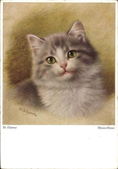 Artist Postcard Schwar, W., cat, animal portrait