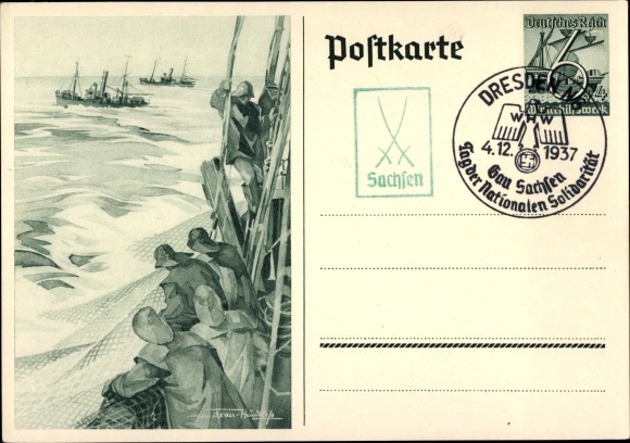 Postwaardestuk ansichtkaart Axster Heudtlass, vissers op volle zee, vissersboten