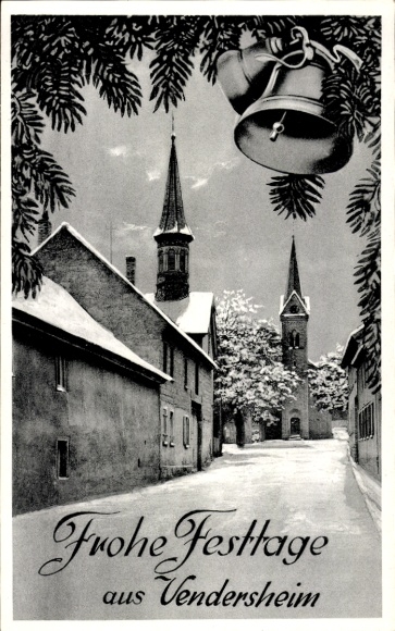 Ak Vendersheim Rheinhessen, Fijne feestdagen, klokken, kerk, winter