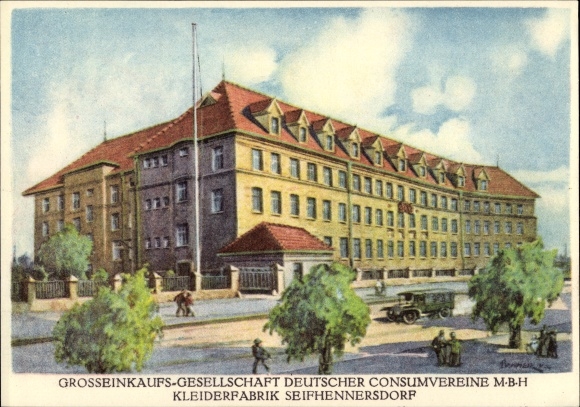 Postcard Seifhennersdorf in Saxony, clothes factory, large purchasing company of German consumer associations