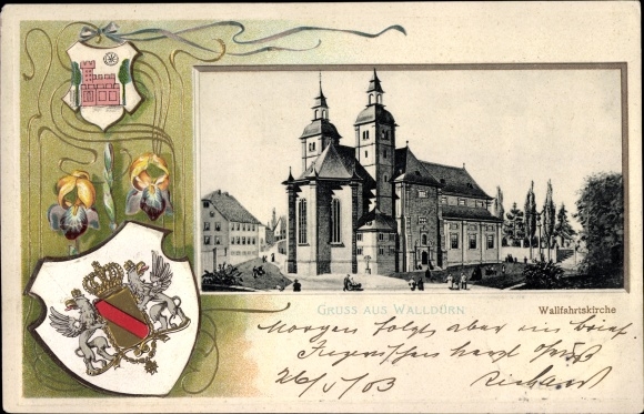 Herb wypukły passepartout pocztówka Walldürn im Odenwald, kościół pielgrzymkowy