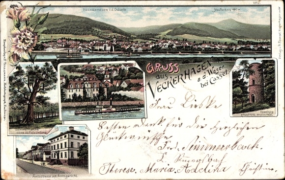 Chromo-Litho Veckerhagen Reinhardshagen on the Weser Hesse, castle, district road, district court, tower