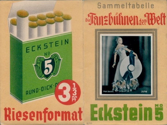 Vouwpostkaartreclame, sigaretten Eckstein, reuzenformaat. Verzameltafel, danspodia van de wereld.