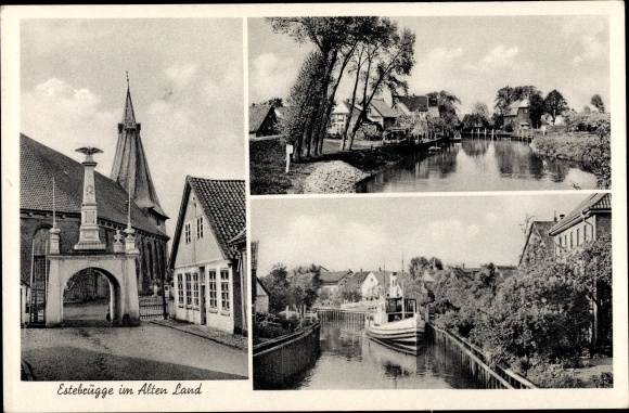 Postcard Estebrügge Jork in the Altes Land, river, steamer, church