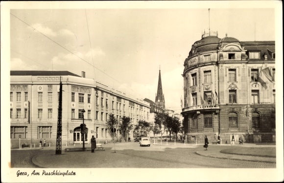 PC Gera in Thuringia, lot at Puschkinplatz, street view, church