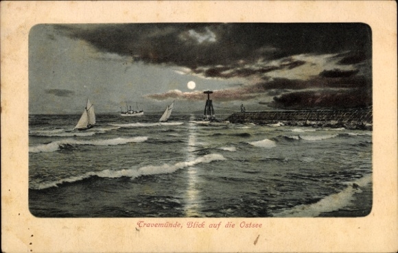 Ak Ostseebad Travemünde Lübeck, landschap met Oostzee, schepen, maan, kust