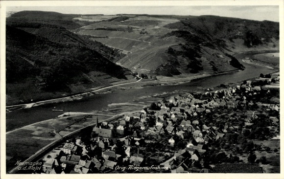 Postcard Neumagen on the Moselle, aerial view of Neumagen, Moselle, river landscape, view of houses