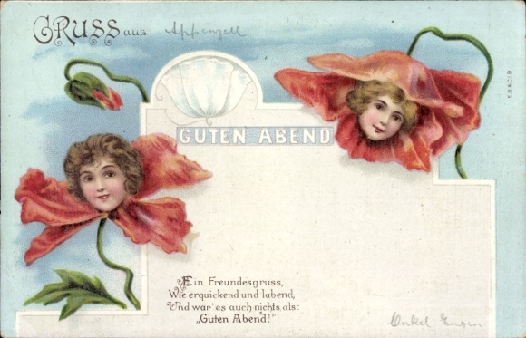Chromo-Litho Good evening, allegory, humanized poppy flowers, Frankfurter Privatpost